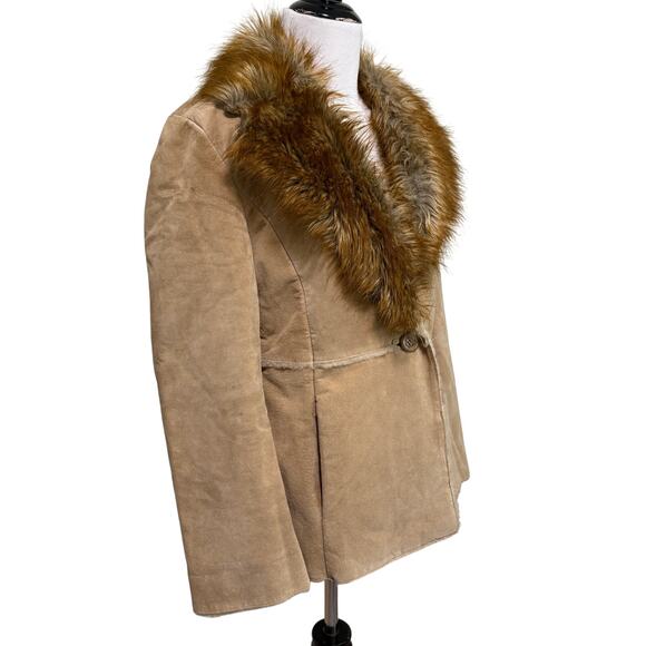 VTG Guess Womens Leather Coat Jacket Faux Fur Collar M Tan Y2K Indie Grunge 70s - Picture 2 of 16